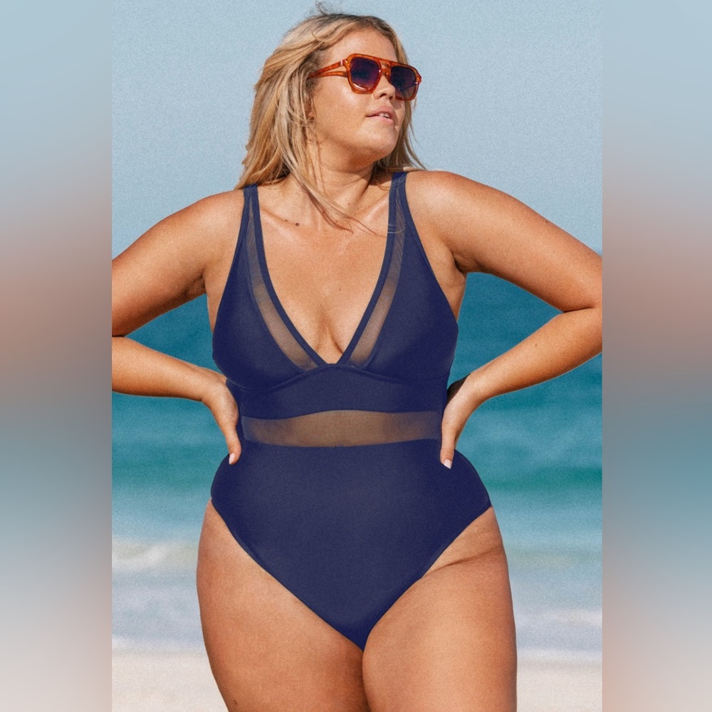 Summer Dreaming Plunge Mesh Plus Size One Piece Swimsuit - Navy Blue OX